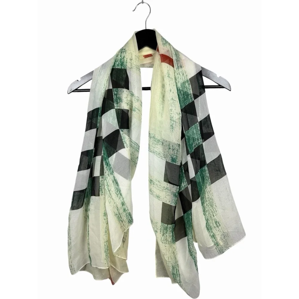 Authentic Burberry 100% Silk Scarf Green Ivory Check Print Shawl Wrap, Sz 50x52